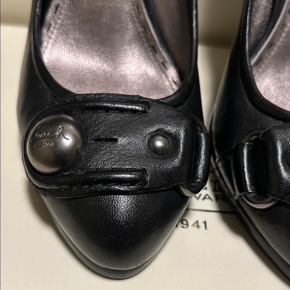 Coach Black Pointed Toe Leather Pumps with Decorative Button Detail - Picture 6 of 8